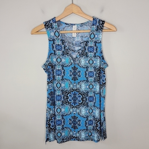 Allison Joy | Blue Boho Print Criss Cross Front Tank Top Size Medium - Picture 2 of 7